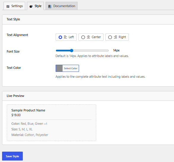 Product Attributes on Shop And Archive Pages for WooCommerce Style Settings Page