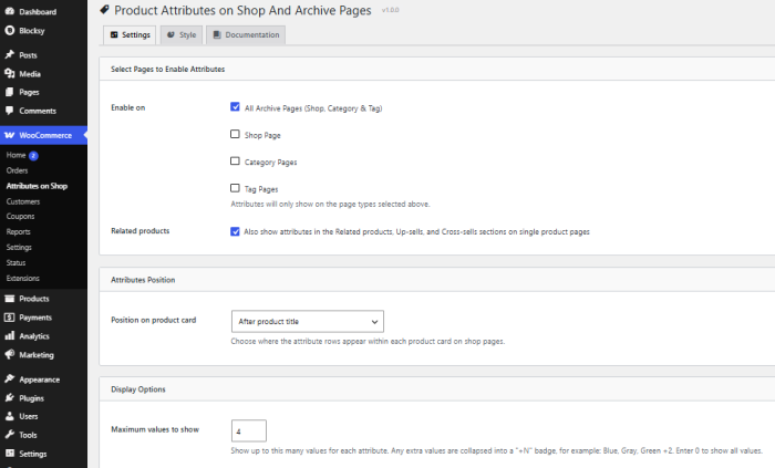 Product Attributes on Shop And Archive Pages for WooCommerce General Settings Page